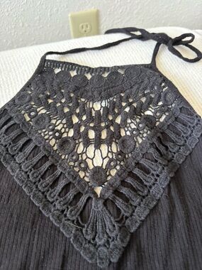 Mudd Black Crochet Halter with Fringe Accent